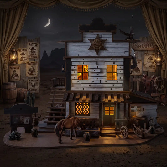 Experience the Wild West brought to life with the Western Sheriff’s Office 3D Wooden Puzzle by benlarkytoys—a DIY Book Nook Kit featuring an intricately detailed wooden sheriff’s office with illuminated windows, a horse stationed outside, wanted posters, barrels, cacti, and a crescent moon overhead. Curtains frame this diorama-style scene, capturing all the charm and authenticity of a frontier town at night, while built-in LED lighting brings your miniature Wild West display vividly to life.
